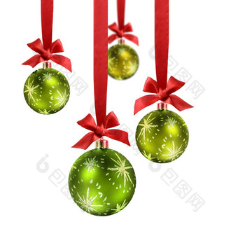 装饰绿色圣诞节球<strong>挂红</strong>色的丝绸丝带与知道和弓