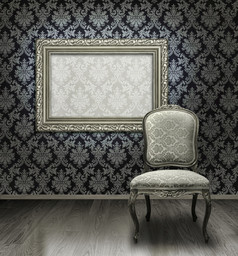 经典古董椅子和银镀框架房间与大马士革模式墙
