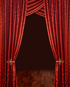 红色的剧院阶段窗帘棕色（的）木地板上和黑暗背景