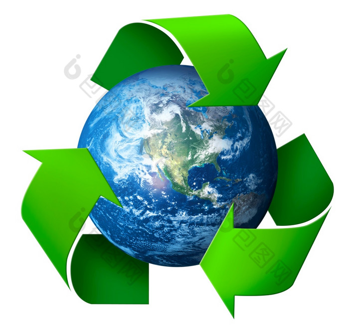 回收概念象征箭头周围绿色地球地球孤立的白色背景地球回收概念
