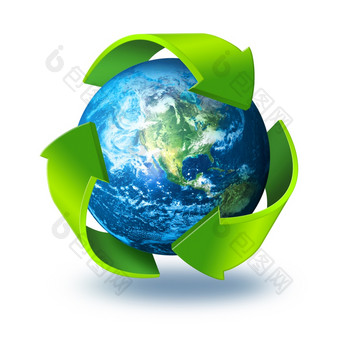 绿色箭头象征周围蓝色的地球地球回收概念孤立的白色背景地球回收概念