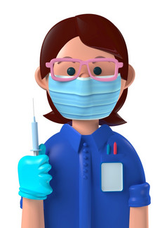 卡通字符化身高加索人女护士与疫苗接种注射器孤立的白色