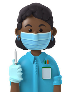 卡通字符化身黑色的女护士与疫苗接种注射器孤立的白色