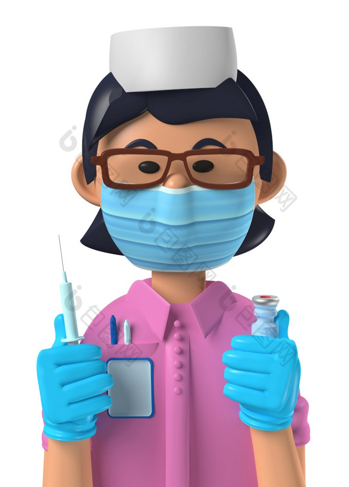 卡通字符化身亚洲女护士与疫苗接种注射器孤立的白色