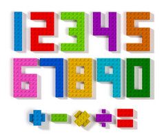 色彩斑斓的玩具建筑块数字和数学操作符号前视图孤立的白色后台支持