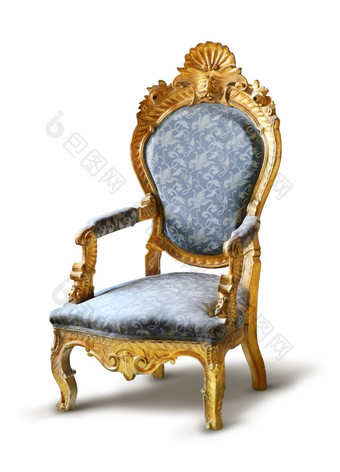雄伟的金<strong>宝座</strong>椅子与黄金镀雕刻装饰孤立的白色背景