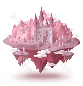 梦想城堡幻想岛粉红色的景观徘徊的<strong>空气</strong>有创意的童年梦想概念孤立的白色