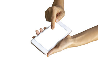 特写镜头女人左手举行正确的手使用手指触摸与数字智能手机白色屏幕孤立的白色背景概念技术连接沟通社会