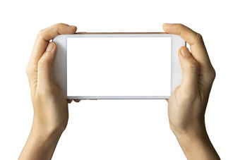 特写镜头女人手举行与数字智能手机白色屏幕孤立的白色背景概念技术连接沟通社会