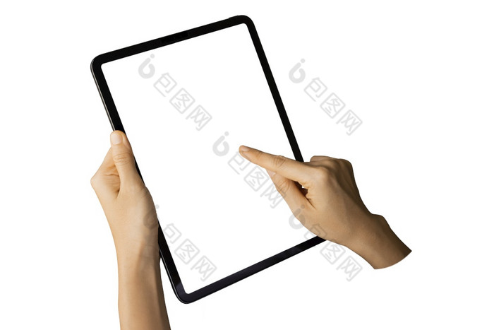 特写镜头女人左手举行正确的手使用手指触摸与数字平板电脑白色屏幕孤立的白色背景概念技术连接沟通社会
