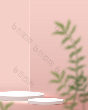 化妆品光粉红色的背景最小的和溢价讲台上显示为产品演讲品牌和包装演讲工作室阶段与影子叶背景插图设计