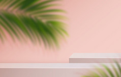 化妆品光粉红色的背景最小的和溢价讲台上显示为产品演讲品牌和包装演讲工作室阶段与影子叶背景插图设计