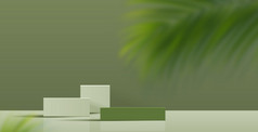 化妆品绿色背景最小的和溢价讲台上显示为产品演讲品牌和包装演讲工作室阶段与影子叶背景插图设计