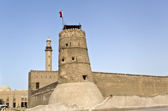 历史迪拜博物馆迪拜与的尖塔的大清真寺的背景曼联阿拉伯阿联酋航空公司