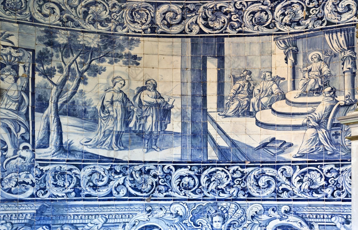 细节的十八世纪面板瓷砖那描述图片的生活的维珍玛丽别墅伯爵葡萄牙