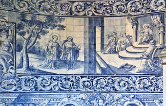 细节的十八世纪面板瓷砖那描述图片的生活的维珍玛丽别墅伯爵葡萄牙
