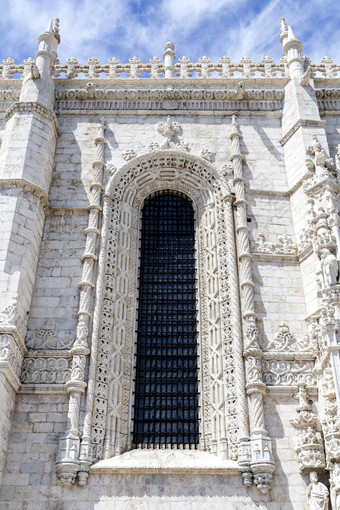 细节的大窗户侧翼每一个一边的南门户网站的世纪哥特Jeronimos修道院的订单圣杰罗姆附近的塔霍河河里斯本葡萄牙