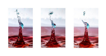序列三个图片显示蓝色的滴红色的水池