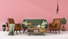 呈现模拟斯堪的那维亚粉红色的墙与绿色皮革装饰生活房间