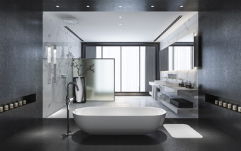 呈现现代黑色的石头浴室与奢侈品瓷砖装饰与不错的自然视图从窗口