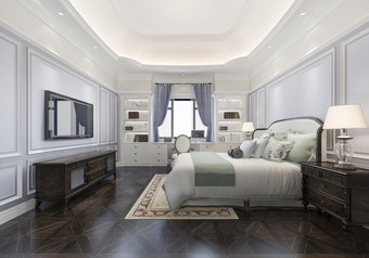 经典奢侈品蓝色的卧室套房酒店与和工作表格与欧洲风格