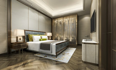 现代卧室套房酒店与衣柜和走衣橱与中国人风格装饰