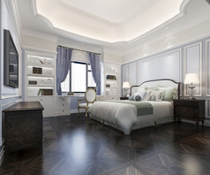经典奢侈品蓝色的卧室套房酒店与和工作表格与欧洲风格