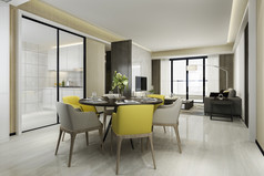 黄色的椅子和奢侈品厨房与餐厅表格和生活房间