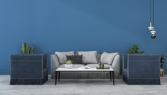 呈现模拟斯堪的那维亚蓝色的墙和沙发生活房间与扶手椅