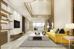 呈现现代餐厅房间和黄色的生活房间与奢侈品装饰高天花板