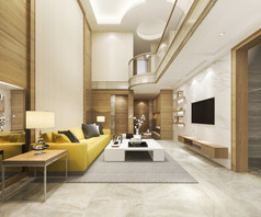 呈现现代餐厅房间和黄色的生活房间与奢侈品装饰高天花板