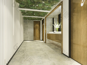 呈现木和现代瓷砖公共厕所。。。与绿色墙装饰