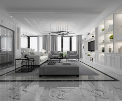 呈现白色现代经典生活房间与大理石瓷砖和书架上