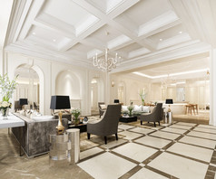 呈现经典奢侈品酒店接待大厅和办公室与装饰架子上