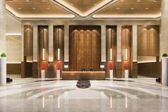 呈现大奢侈品酒店接待大厅和休息室餐厅与高天花板