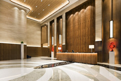 呈现大奢侈品酒店接待大厅和休息室餐厅与高天花板