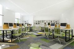 呈现绿色业务会议和工作房间办公室建筑与书架上