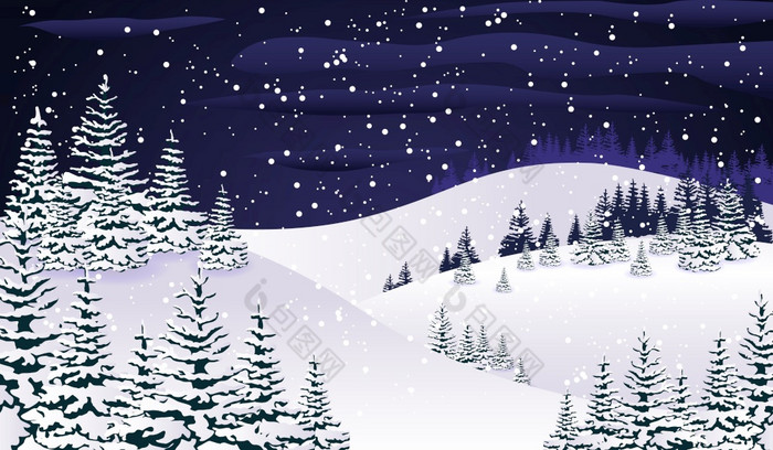 雪晚上冬天自然森林与云杉覆盖下降雪和雪花向量插图松柏科的自然野生木景观为圣诞节和新一年假期雪晚上冬天森林与云杉覆盖下降雪和雪花向量插图