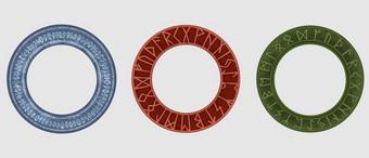古代北欧文字的框架古老的圆模板集古代北欧文字的青铜绿色希望北欧冰岛神圣的神秘的深奥的红色的工件智慧和好运气神秘的符号向量瓦尔哈拉殿堂和仙宫深奥的魔法护身符古代北欧文字的框架古老的圆模板集古代北欧文字的