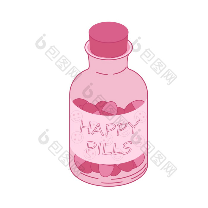 卡通粉红色的透明的瓶与登记快乐药片孤立的白色背景色彩斑斓的医学胶囊向量图形插图医疗保健药物和医疗平板电脑概念卡通粉红色的透明的瓶与登记快乐药片孤立的白色背景