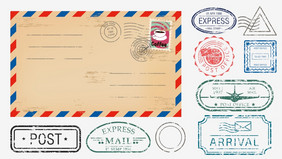 现实的信封与各种各样的邮票集向量图形插图邮件明信片与集合印刷邮票古董孤立的现实的信封与各种各样的邮票集向量图形插图