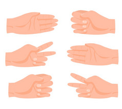卡通人类手岩石剪刀纸游戏手势集向量图形插图集合手臂和手指好玩的竞争手势孤立的白色背景卡通人类手岩石剪刀纸游戏手势集向量图形插图