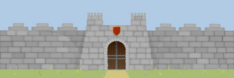 大石头堡垒据点为保护石头墙与拱形木盖茨和纹章学的盾牌下关闭门口大石头堡垒据点为保护