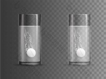 冒泡的平板电脑溶解玻璃烧杯模型现实的白色药丸与感觉和泡沫消失成透明的向量碗与水冒泡的平板电脑溶解玻璃烧杯模型现实的白色药丸与感觉和泡沫消失成透明的