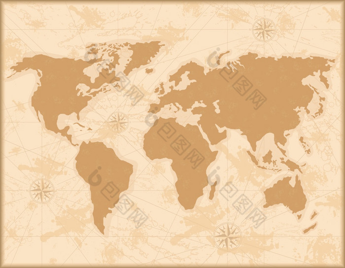 中世纪的世界地图老纸与画大陆和经络与风玫瑰古董地理位置为旅行向量中世纪的世界地图老纸与画大陆和经络与风玫瑰古董地理位置