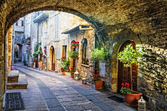 迷人的老中世纪的村庄意大利与典型的花狭窄的街道阿西西Umbria典型的花街道意大利中世纪的城镇阿西西