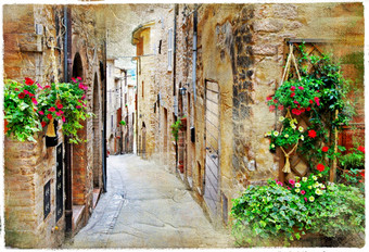 迷人的老中世纪的村庄意大利与典型的花狭窄的街道斯佩洛Umbria图片复古的风格