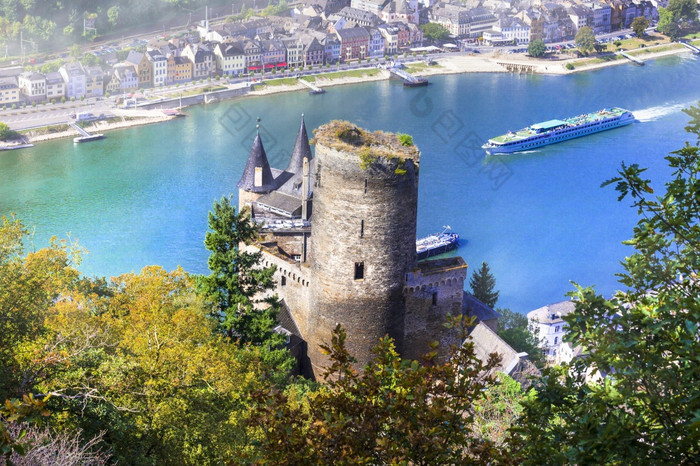 德国旅游德国莱茵河邮轮和风景如画的中世纪的城堡受欢迎的旅游目的地和吸引力视图圣人goar小镇和卡茨城堡