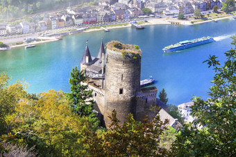 德国<strong>旅游</strong>德国莱茵河邮轮和风景如画的中世纪的城堡受欢迎的<strong>旅游目的地</strong>和吸引力视图圣人goar小镇和卡茨城堡