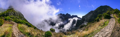 徒步旅行活动木头岛岩石山小道为皮科ruivo最高点通过的云
